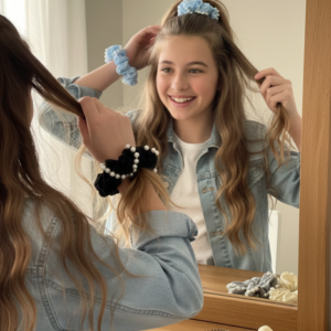 pearl trimmed satin stripe scrunchie